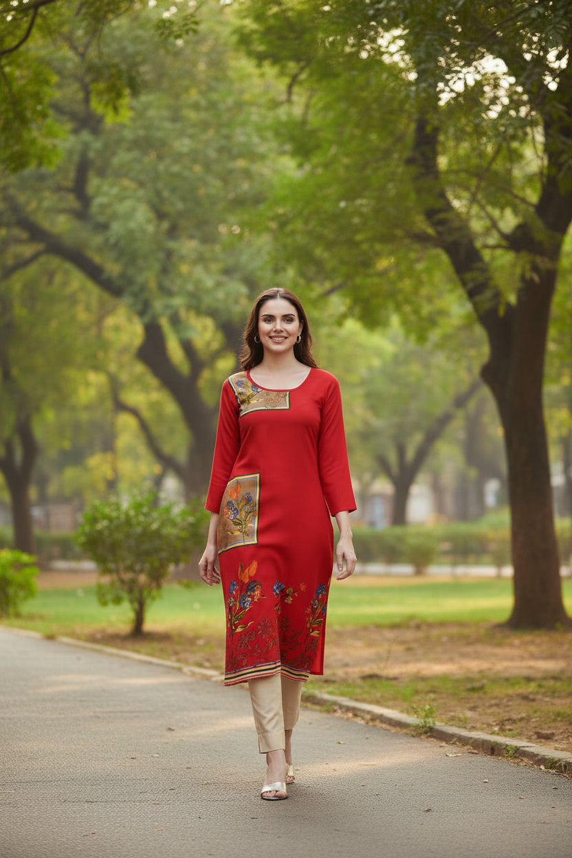 Souchii Women’s Red Rayon Kurta – Floral Printed Straight Kurta with 3/4 Sleeves | Festive & Casual Ethnic Wear