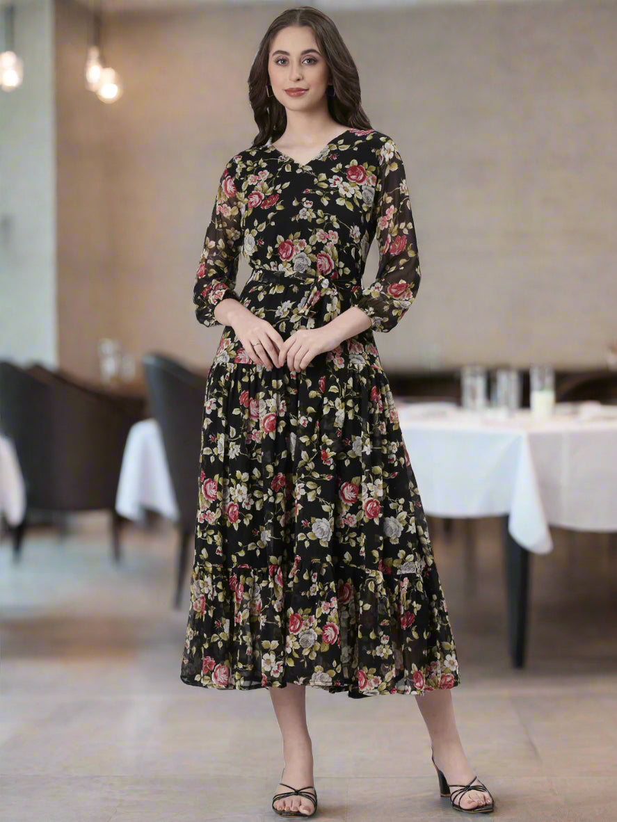 Black Floral Chiffon Midi Dress | Souchii