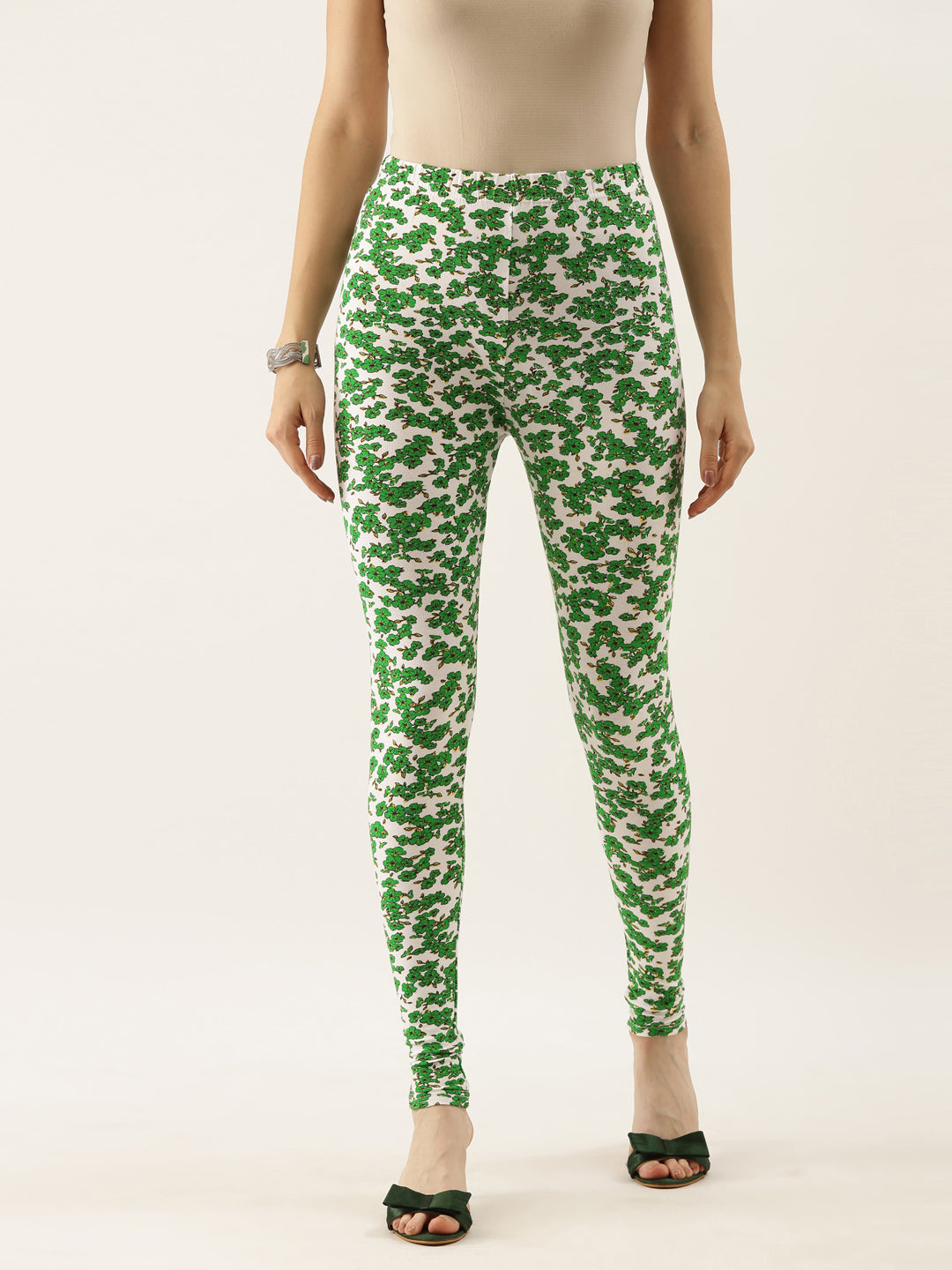 White & Green Printed Cotton Ankle-Length Leggings for Women | Souchii