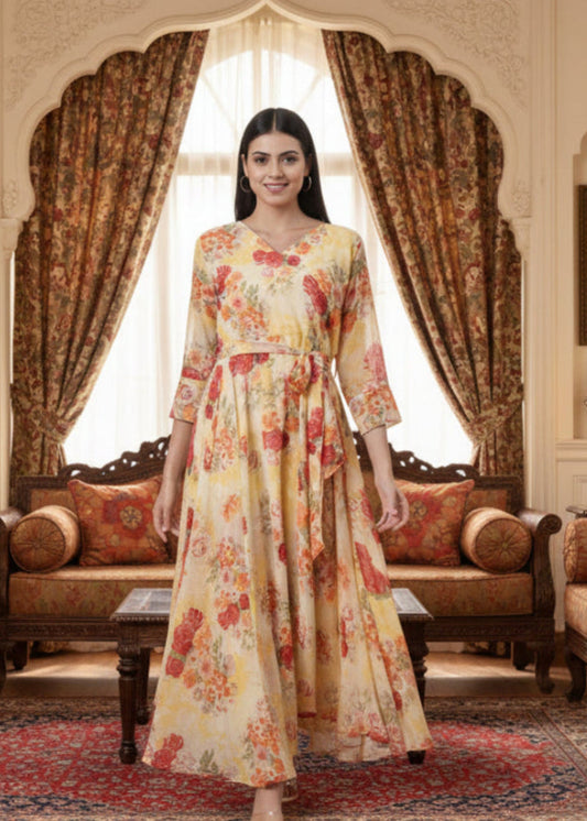 Yellow Floral Layered Chiffon Maxi Maxi Dress | Souchii