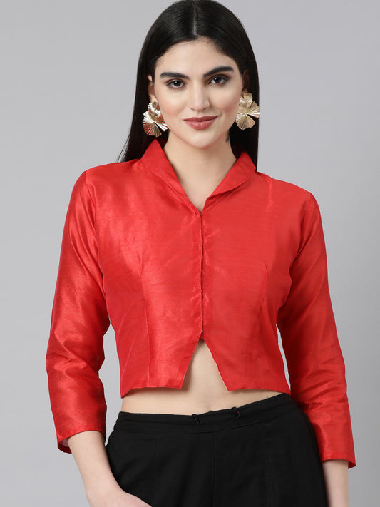Red Dupion Silk V-Neck Sleeveless Blouse | Souchii