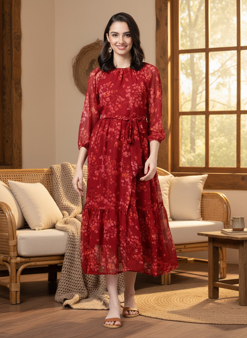 Crimson Bloom Chiffon Maxi Dress - Souchii