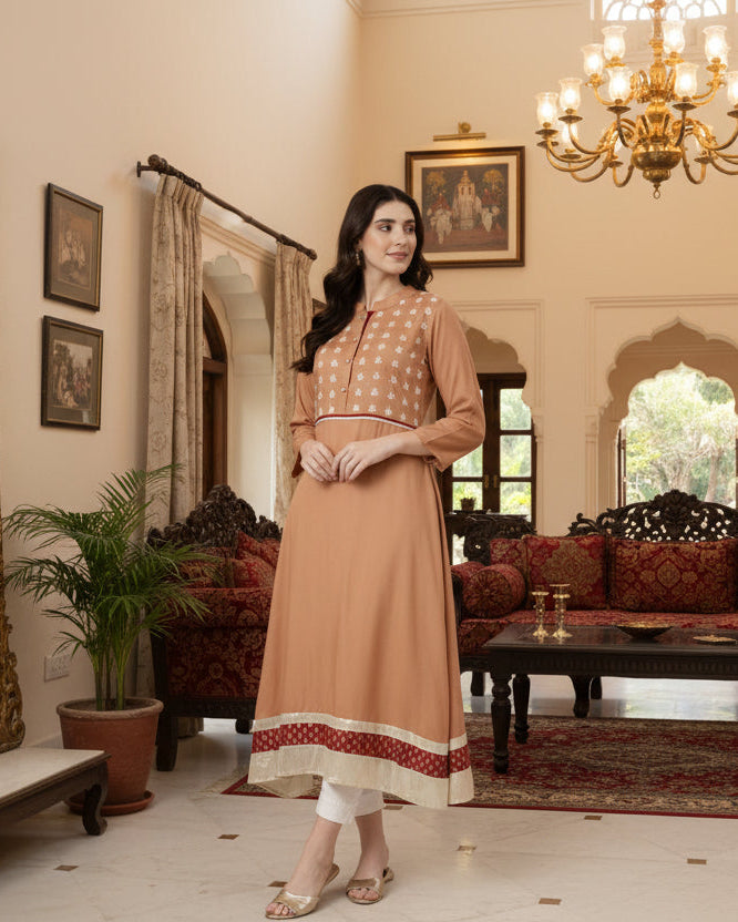 Souchii Women’s Elegant Rayon Kurta – Beige Ethnic Kurta with Zari Detailing
