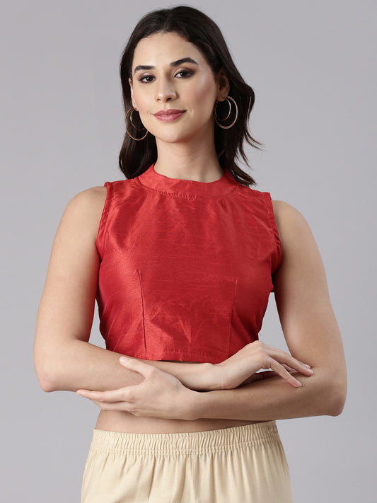 Red Dupion High-Neck Sleeveless Blouse | Souchii