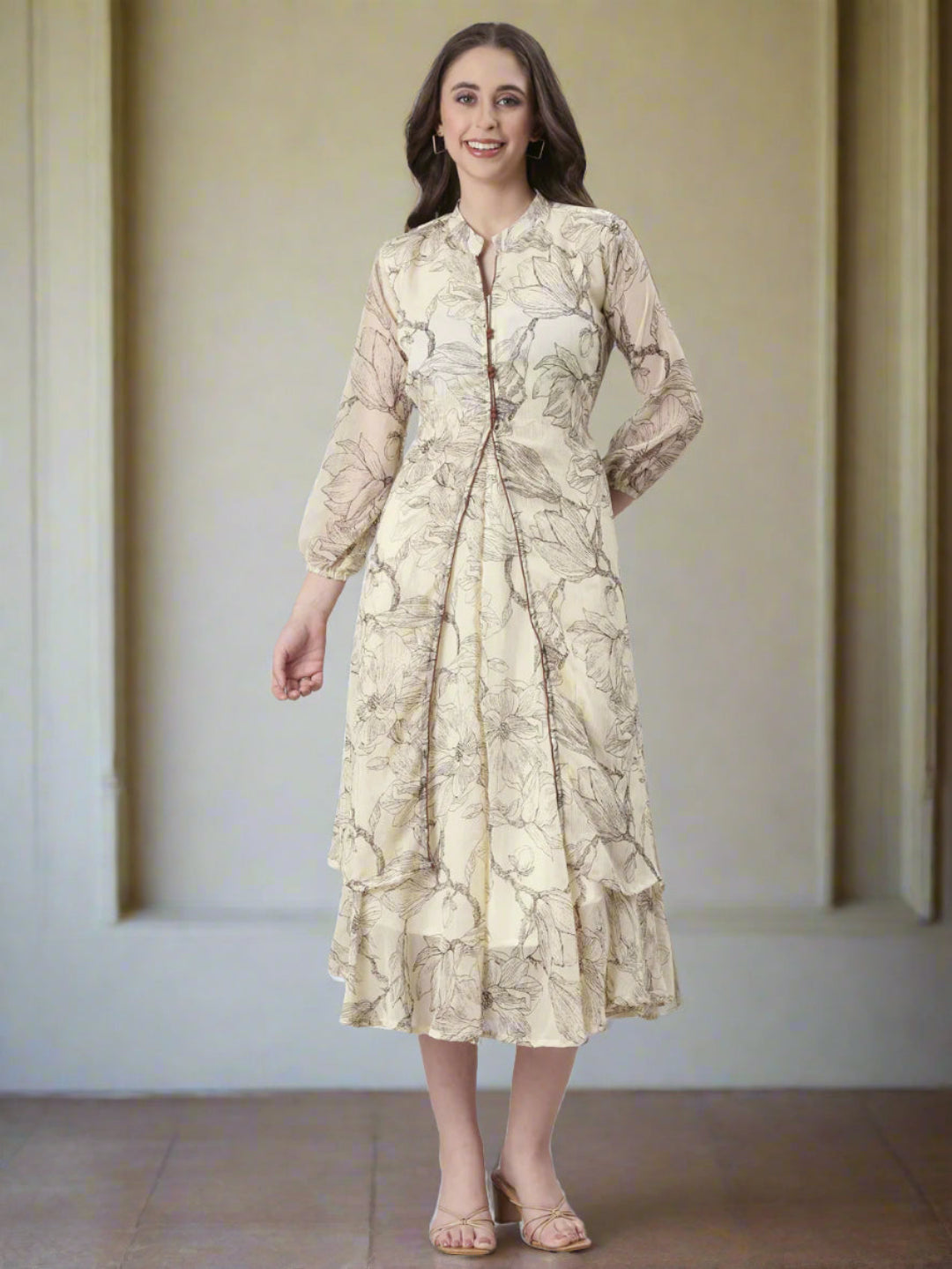 Cream Floral A-Line Belted Midi Dress | Souchii