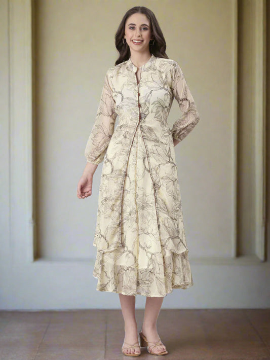 Cream Floral A-Line Belted Midi Dress | Souchii