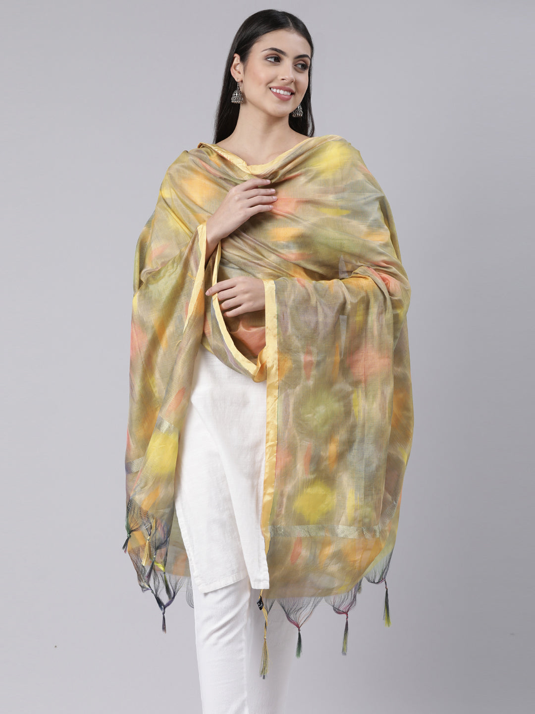 Shades of Yellow Ikkat Print Raw Silk Duppatta | Souchii