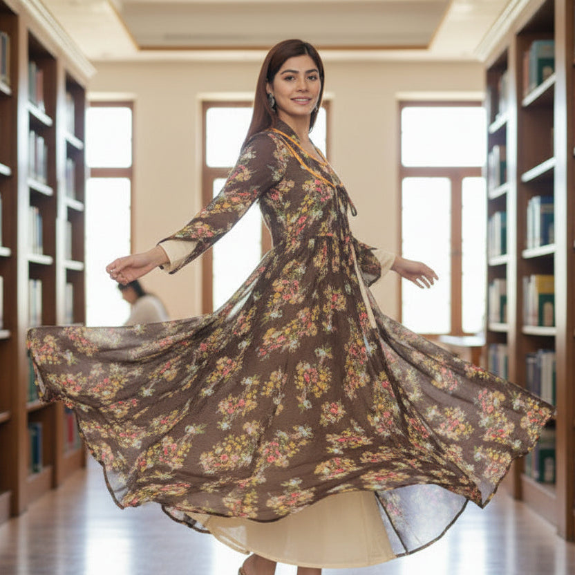 Souchii Brown Floral Layered Maxi Dress