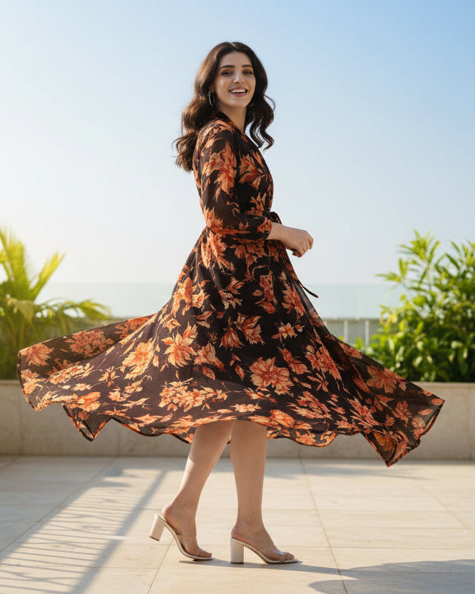 Souchii Brown Floral Flow Midi Dress