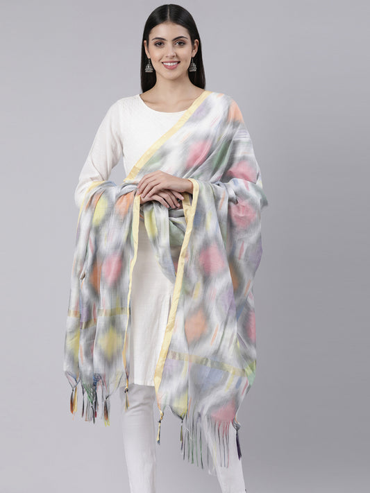 Shades of Light Grey and Pastel Blue Ikkat Print Raw Silk Duppatta | Souchii
