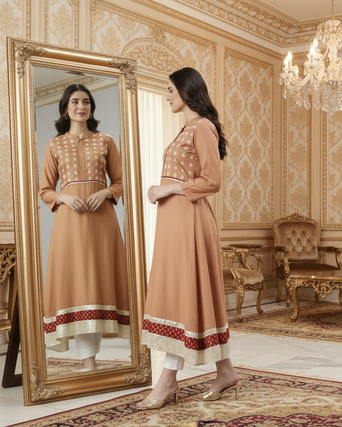 Souchii Women’s Elegant Rayon Kurta – Beige Ethnic Kurta with Zari Detailing