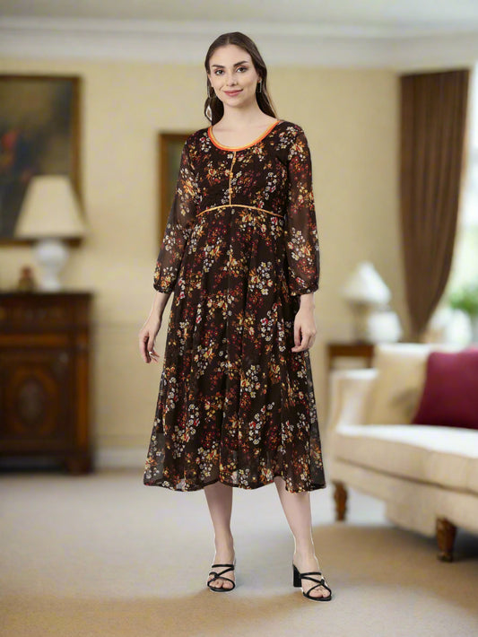 Brown & Yellow Floral Printed Fit and Flare Dress with Belt | Souchii