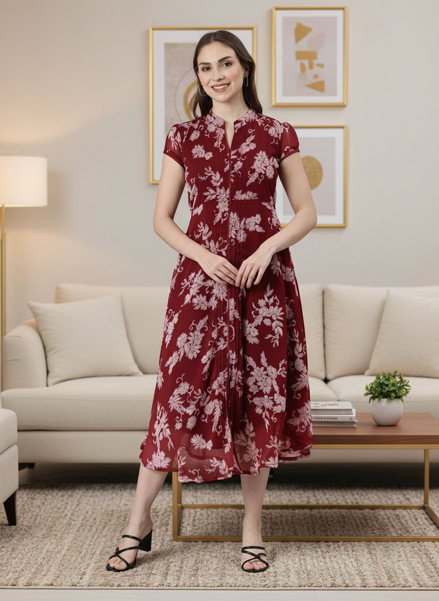 Souchii Elegant maroon floral midi dress with a flowing silhouette