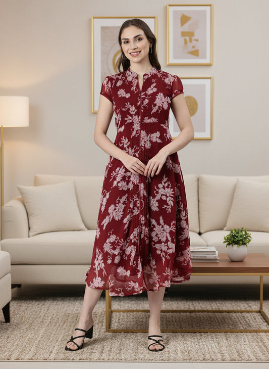 Souchii Elegant maroon floral midi dress with a flowing silhouette