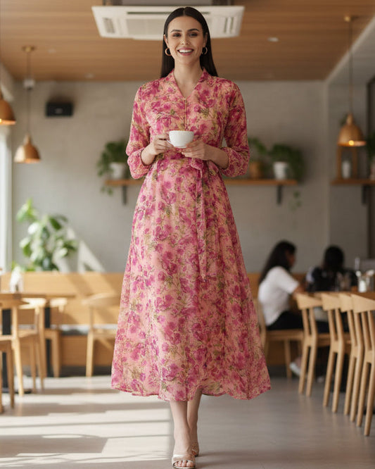 Floral Printed V-Neck Belted Fit & Flare Midi Dress | Souchii