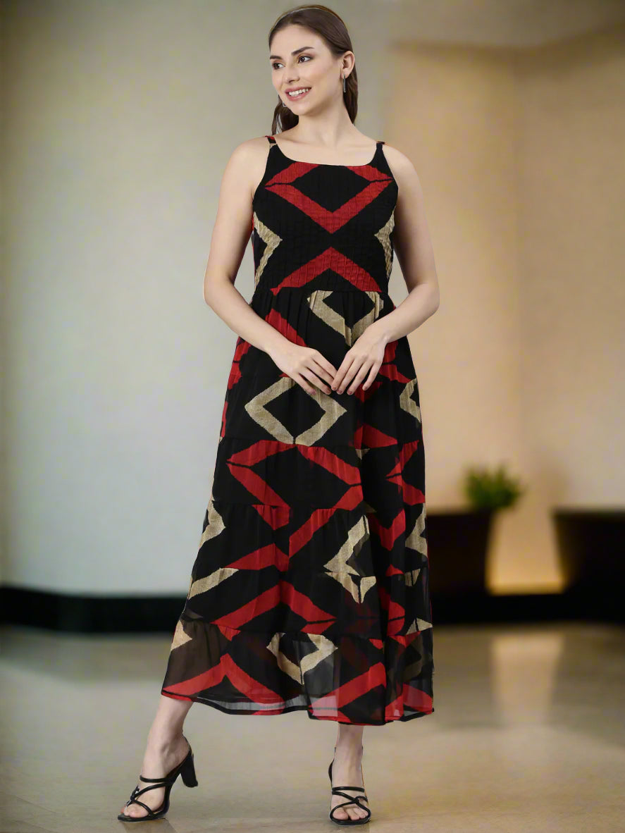 Fit & Flare Dress – Black Printed Abstract Motifs | Souchii