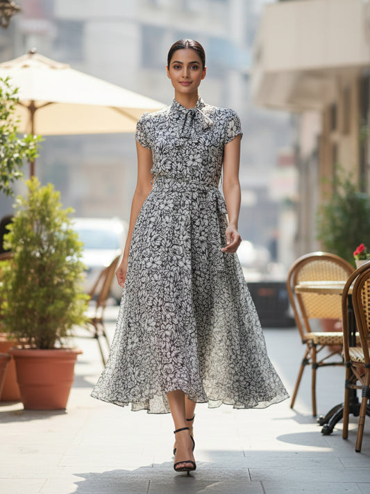 Floral Print Tie-Up Neck Chiffon Fit & Flare Midi Dress|Souchii