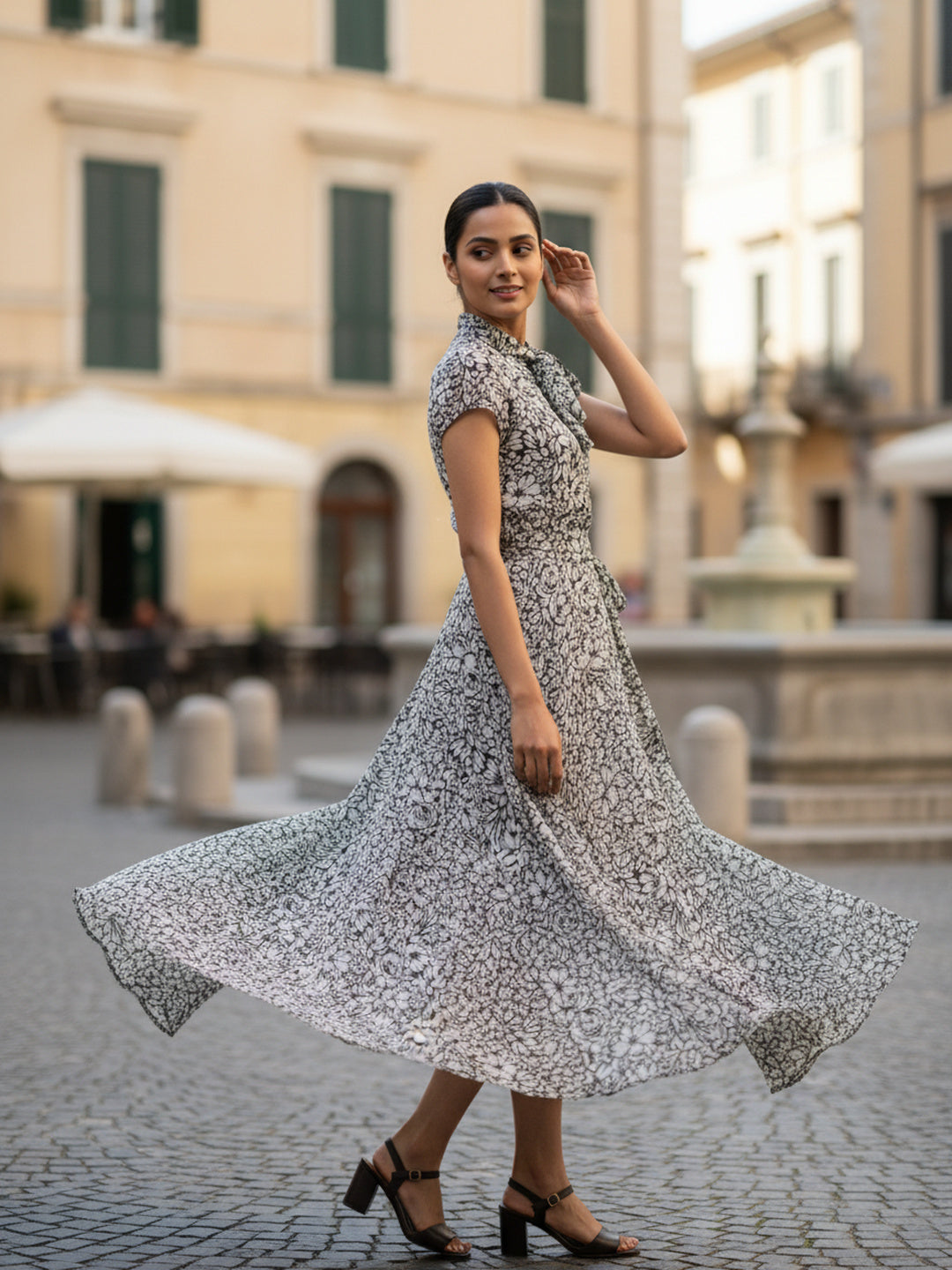 Floral Print Tie-Up Neck Chiffon Fit & Flare Midi Dress|Souchii