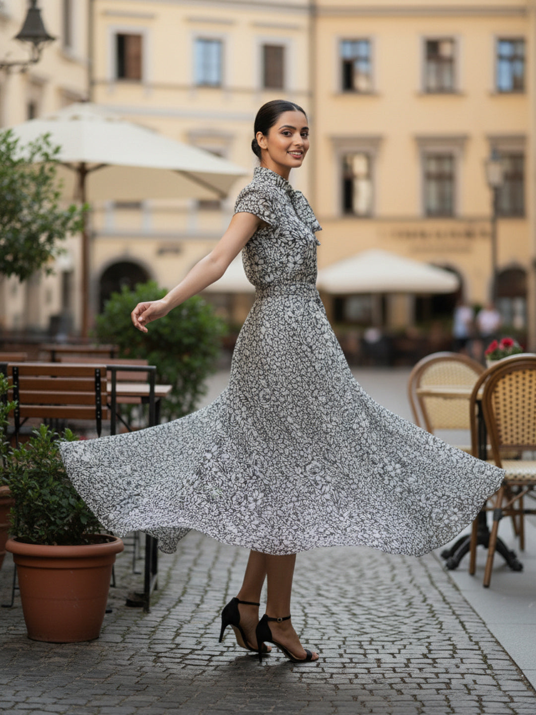 Floral Print Tie-Up Neck Chiffon Fit & Flare Midi Dress|Souchii