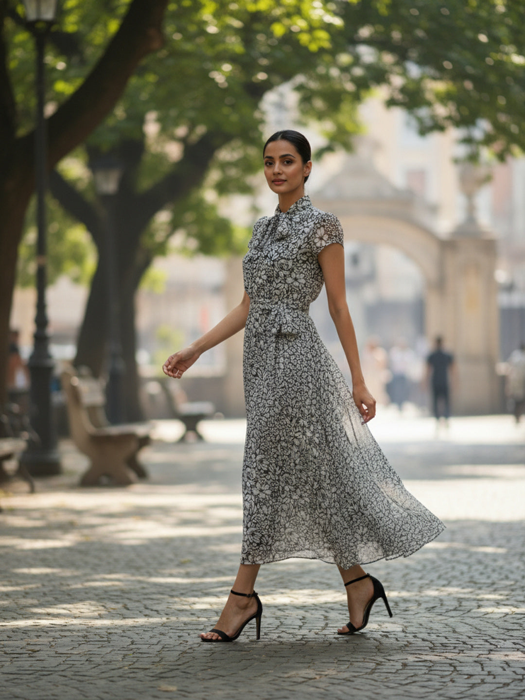 Floral Print Tie-Up Neck Chiffon Fit & Flare Midi Dress|Souchii