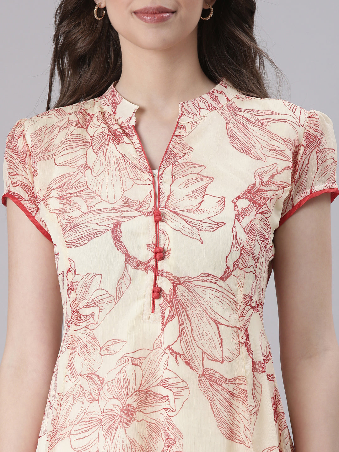 Cream Floral A-Line Belted Midi Dress | Souchii