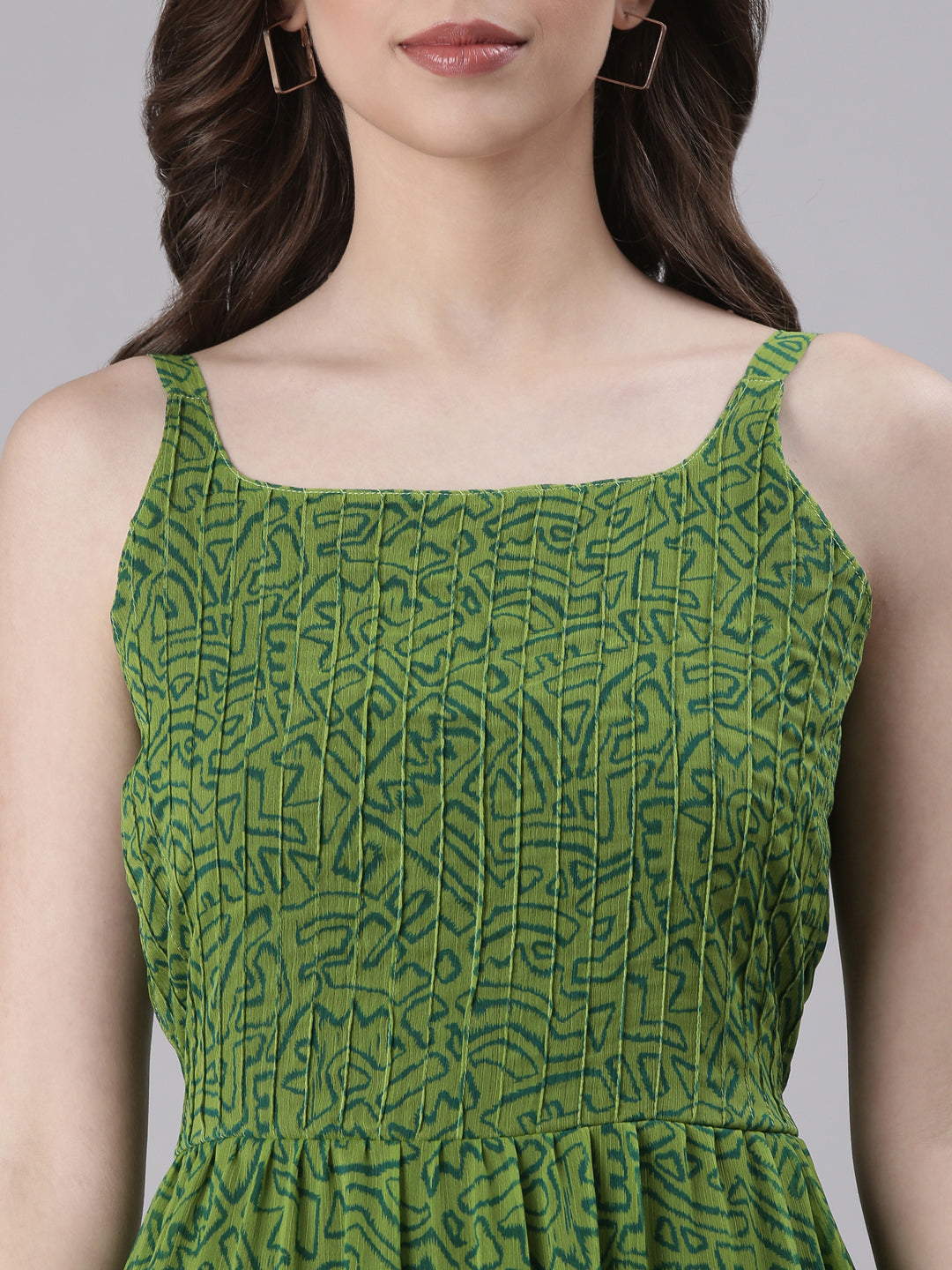 Green Abstract Pleated Fit & Flare Midi Dress | Souchii