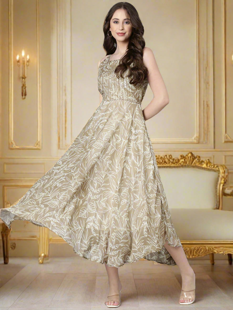 Midi Dress – Beige Floral Print Fit & Flare | Souchii