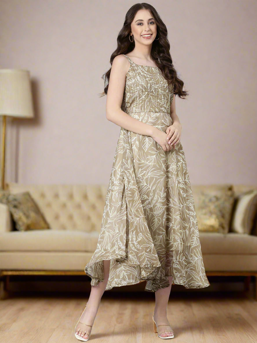 Midi Dress – Beige Floral Print Fit & Flare | Souchii