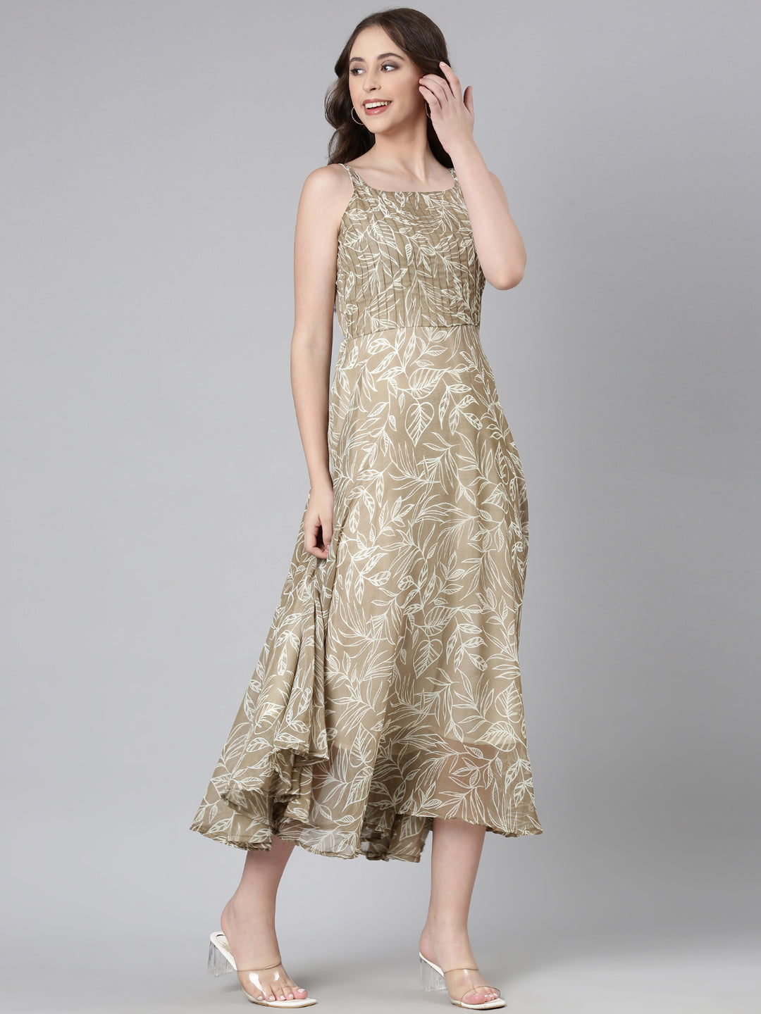 Midi Dress – Beige Floral Print Fit & Flare | Souchii