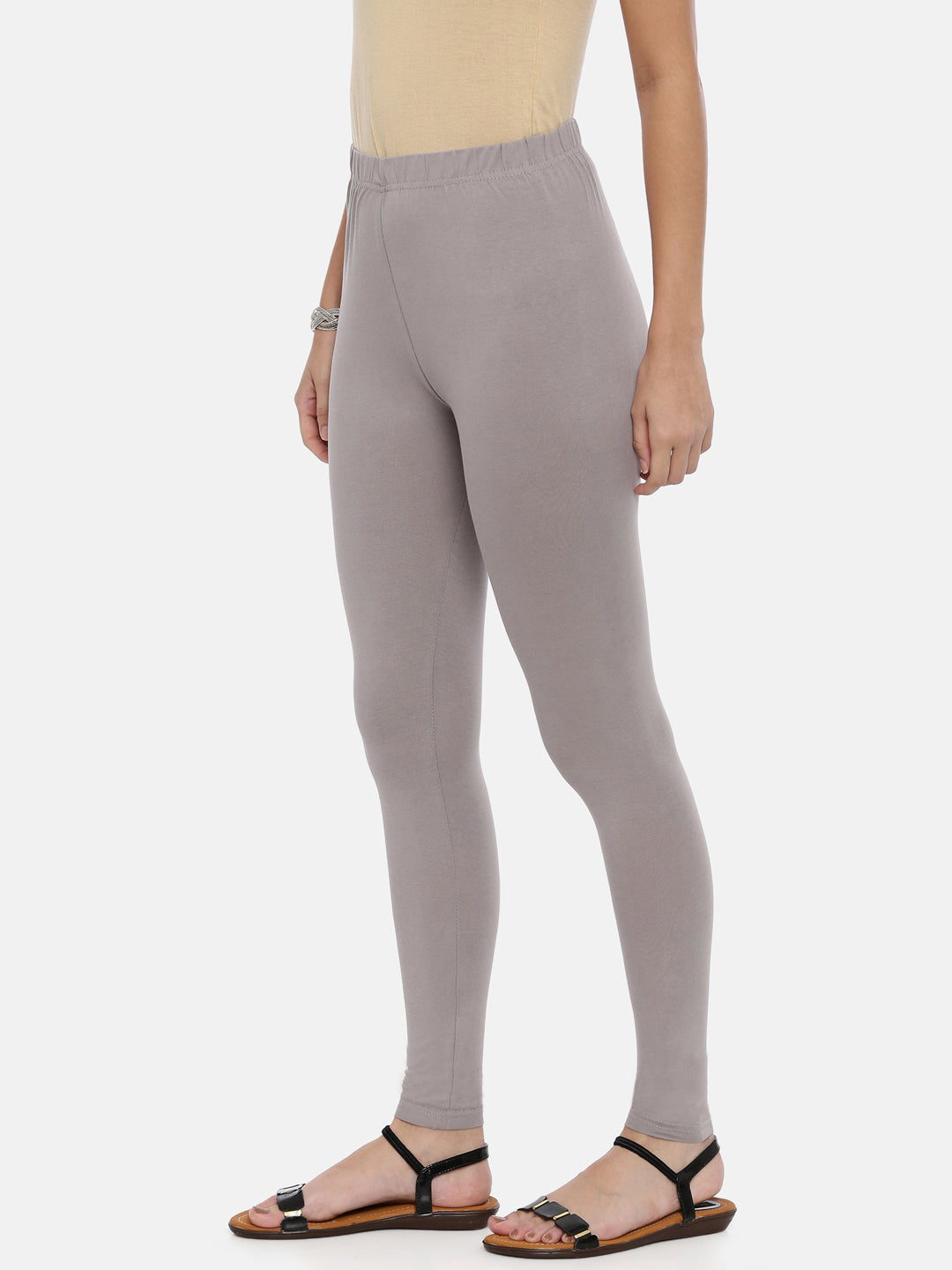Grey Solid Cotton Blend Ankle-Length Leggings for Women | Souchii