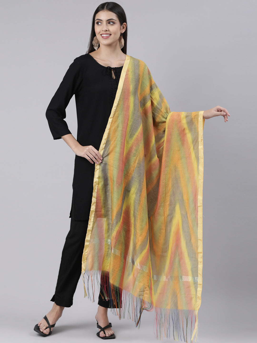 Geometric Ikat Woven Dupatta with Zari & Tasselled Border | Souchii