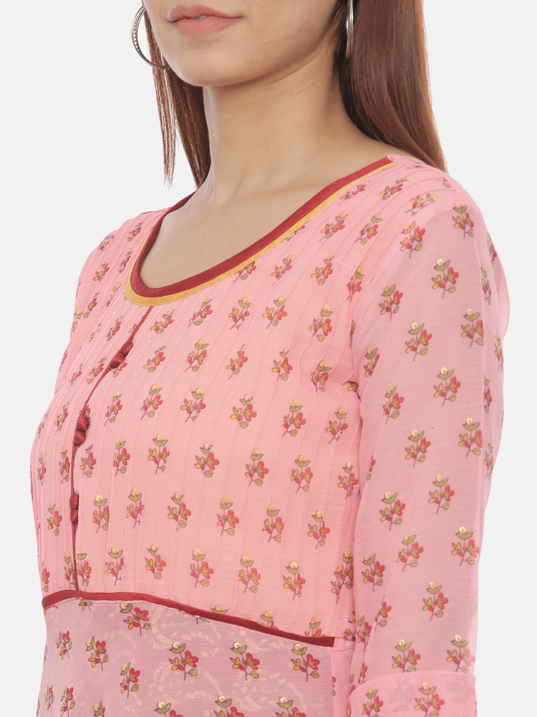 Pink Floral Print Chiffon Fit & Flare Midi Dress with Belt | Souchii