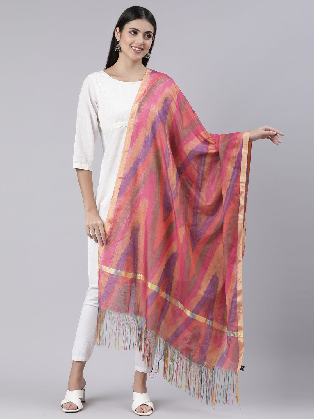 Pink Ikkat Print Raw Silk Duppatta | Souchii