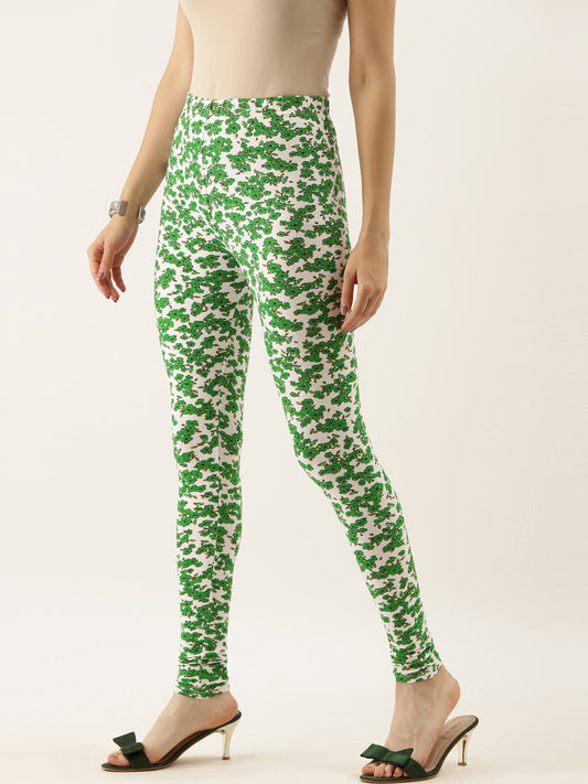 White & Green Printed Cotton Ankle-Length Leggings for Women | Souchii