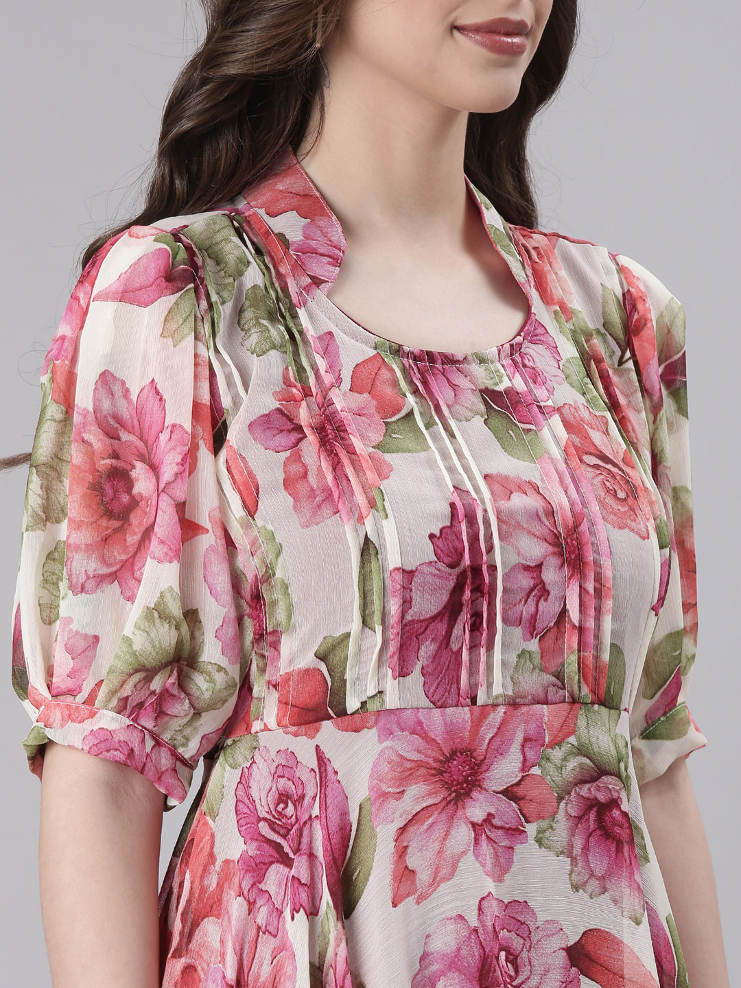 Cream Floral Puff-Sleeve A-Line Midi Dress | Souchii