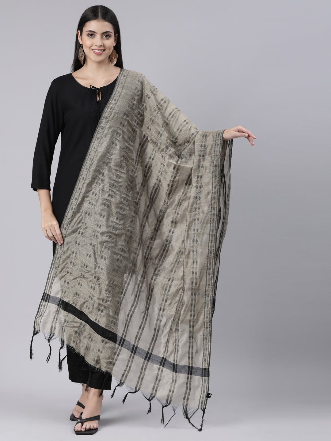 Grey and Black Cotton Blend Duppatta | Souchii