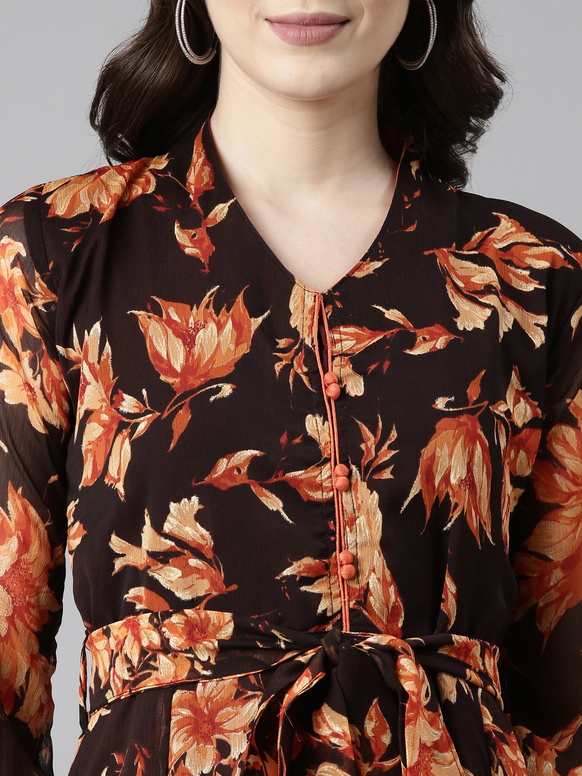 Souchii Brown Floral Flow Midi Dress