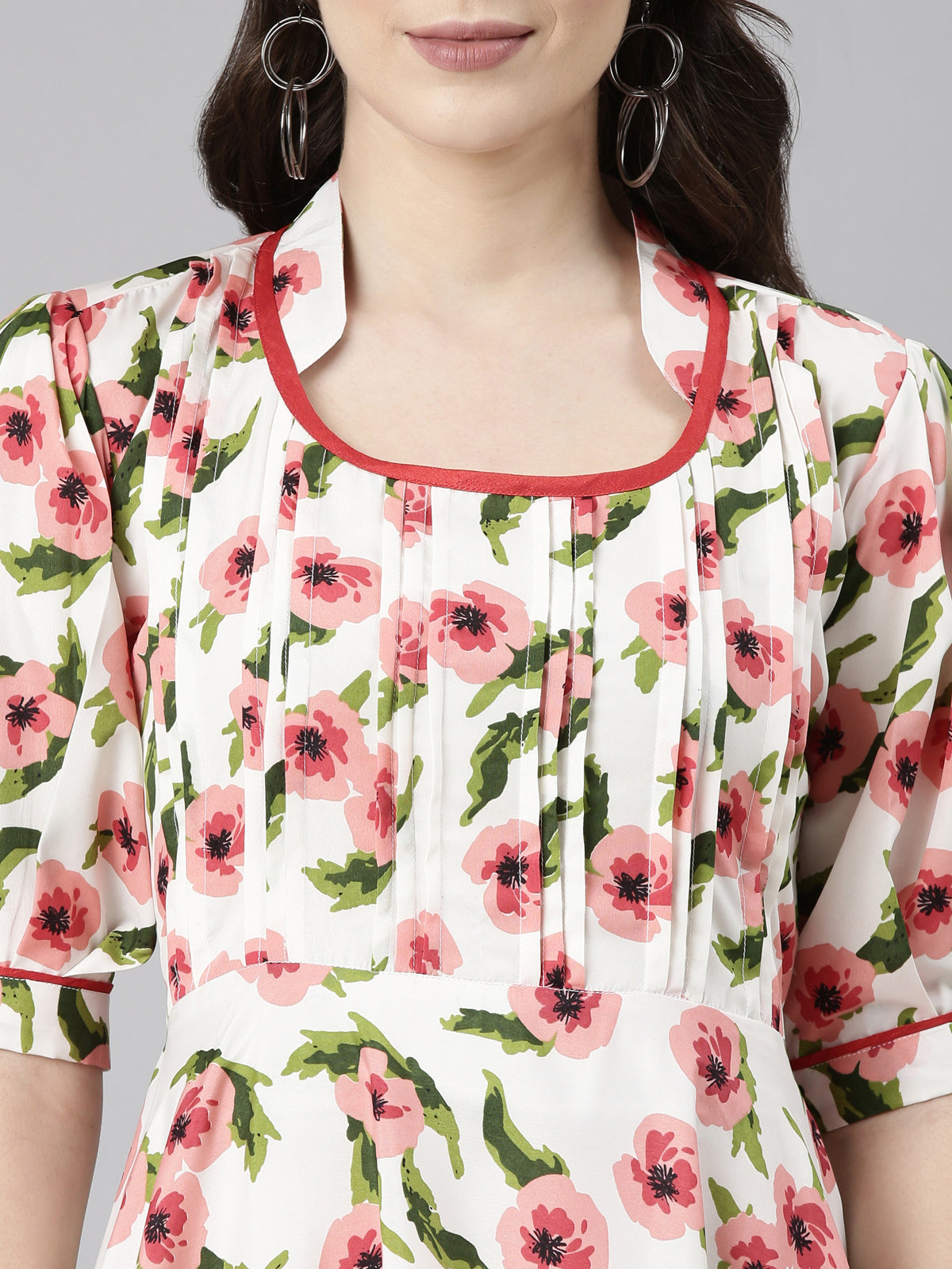 Floral Printed Mandarin Collar Puff Sleeve Fit & flare Dress | Souchii