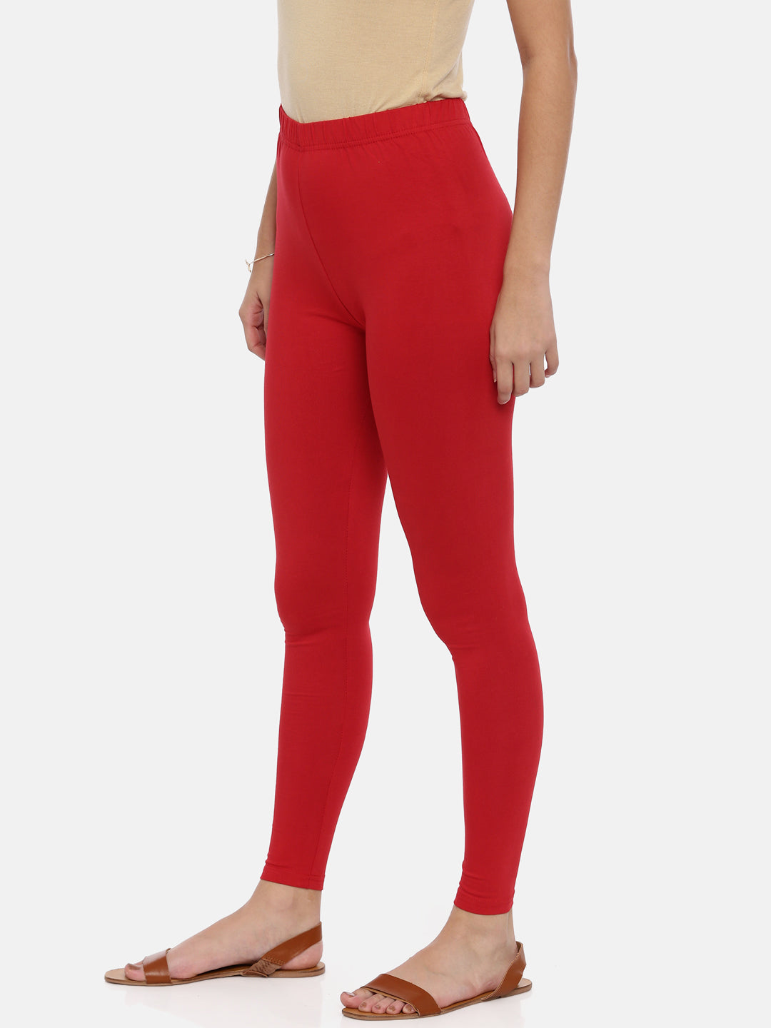 Red Solid Cotton Ankle-Length Leggings for Women | Souchii