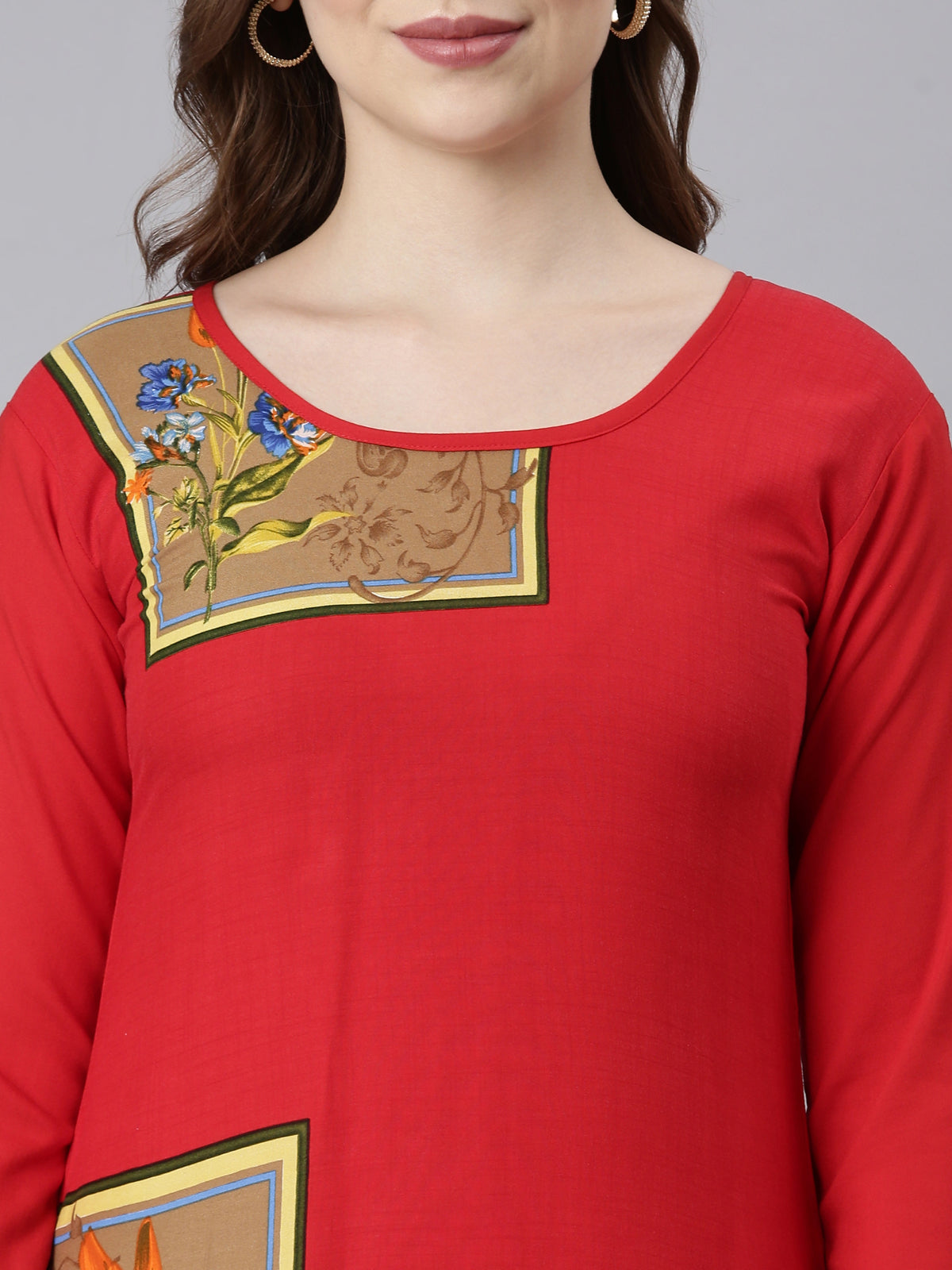 Souchii Women’s Red Rayon Kurta – Floral Printed Straight Kurta with 3/4 Sleeves | Festive & Casual Ethnic Wear