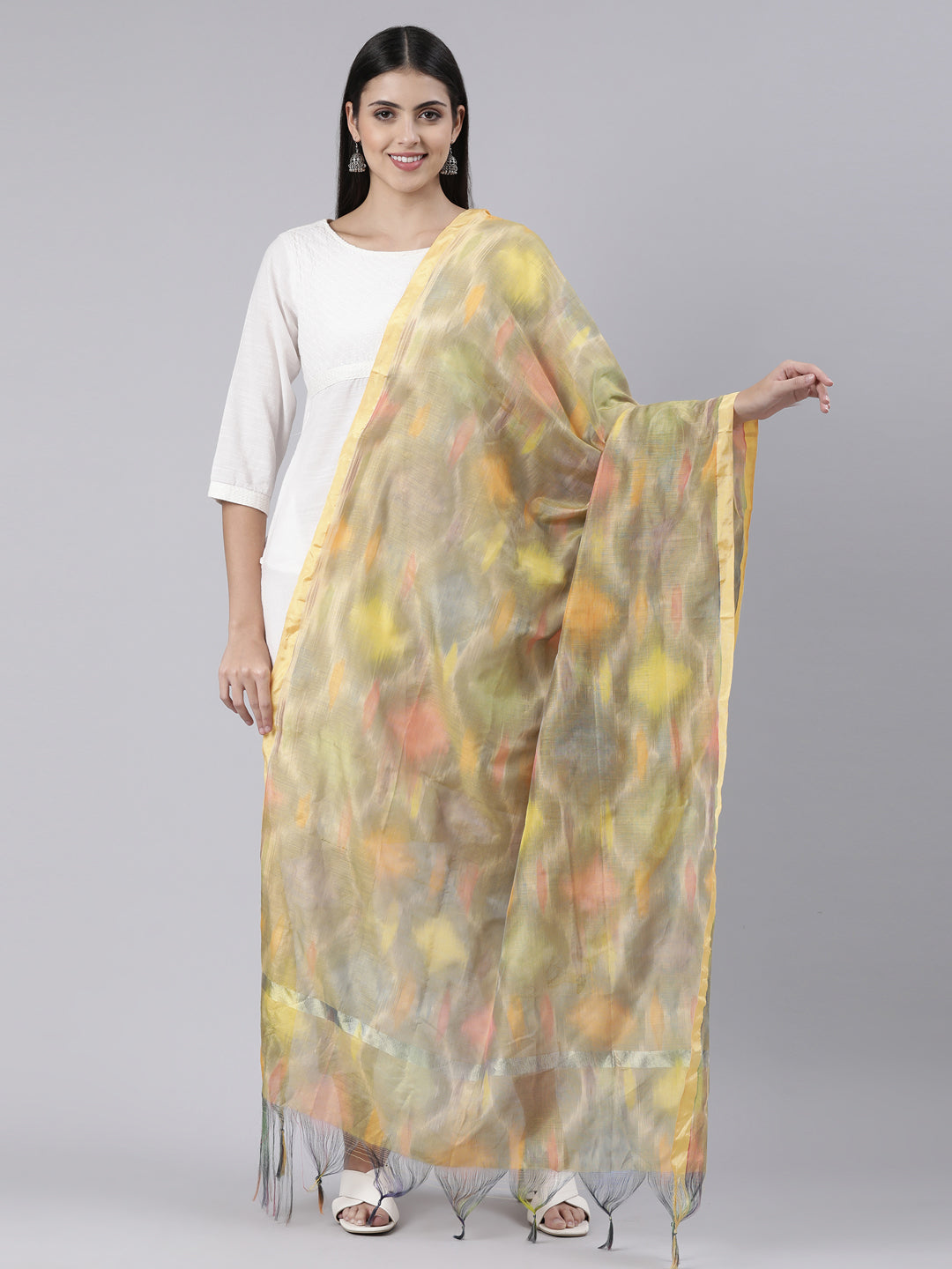 Shades of Yellow Ikkat Print Raw Silk Duppatta | Souchii