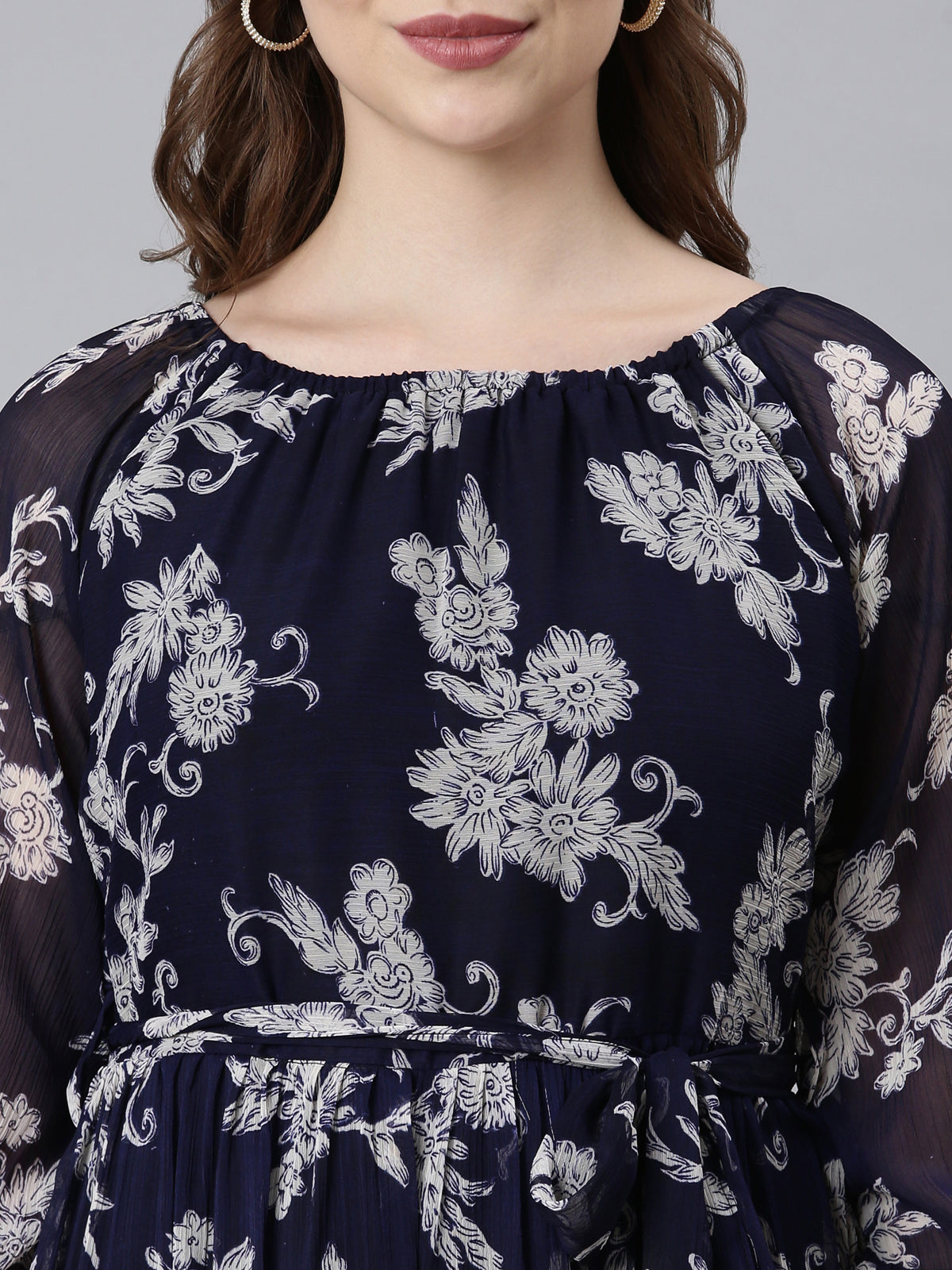 Navy Blue Floral Maxi Chiffon Dress | Souchii