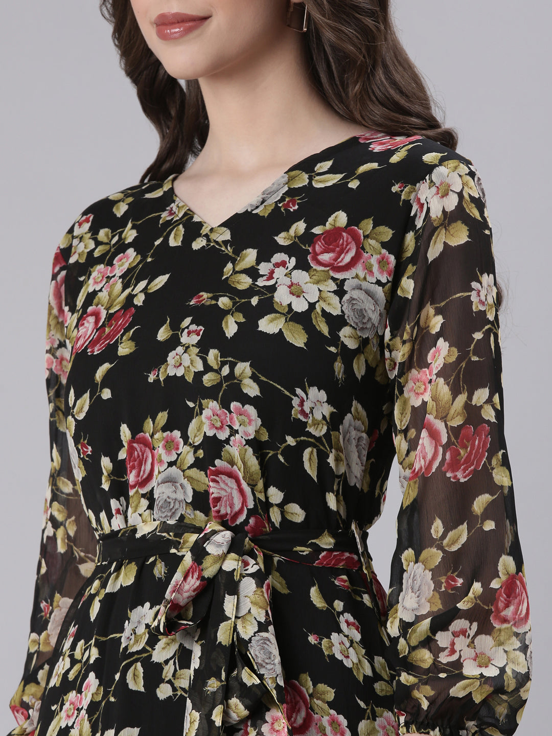 Black Floral Chiffon Midi Dress | Souchii