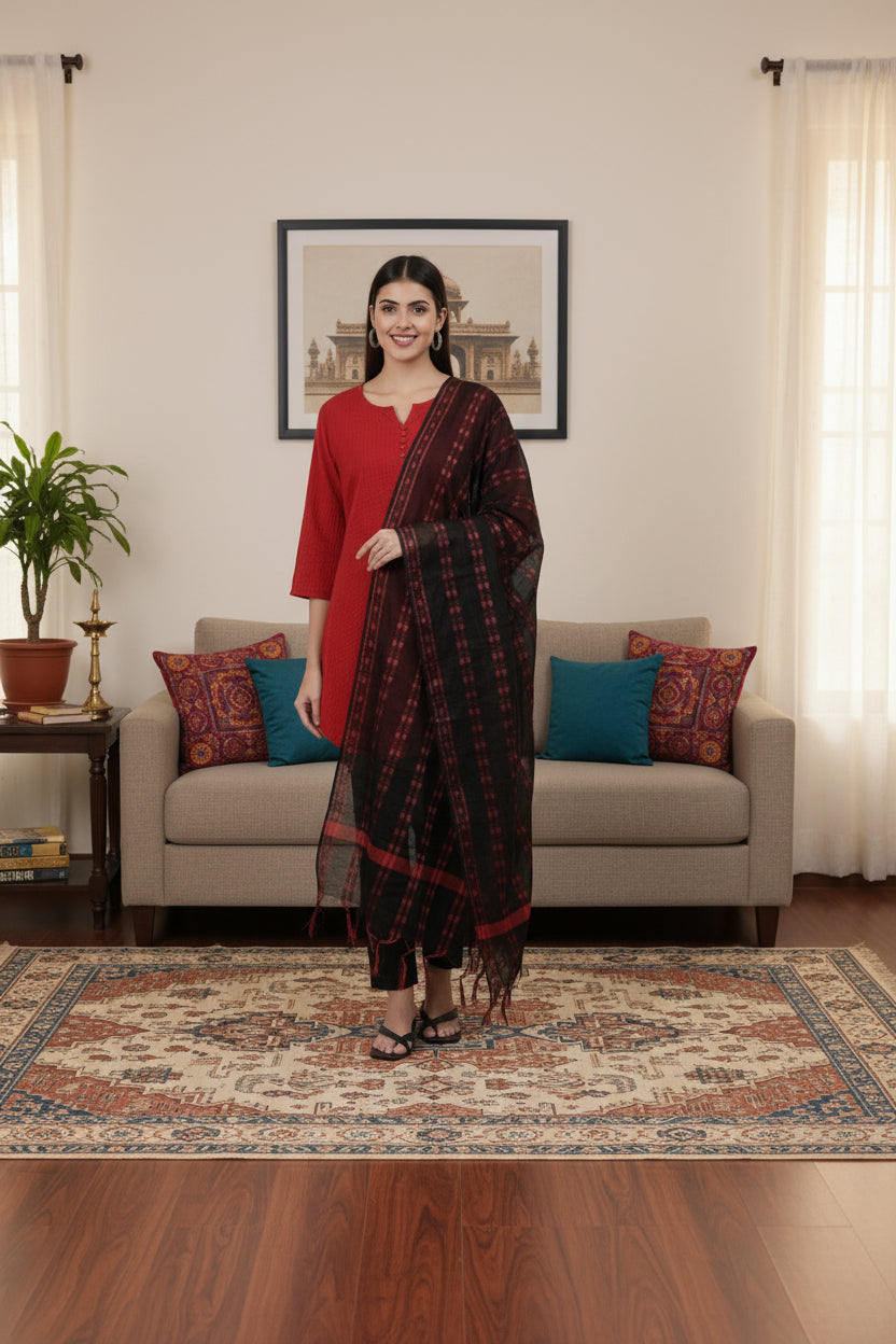 Black and Red Cotton Woven Dupatta