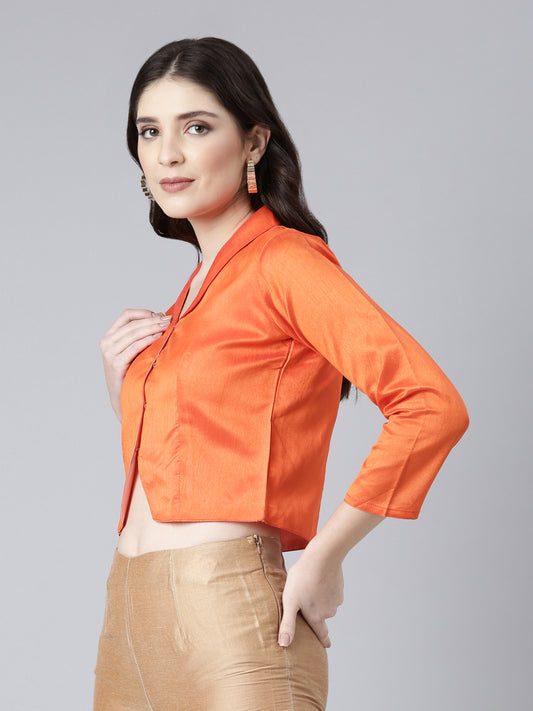 Orange Dupion Silk V-Neck Sleeveless Blouse | Souchii