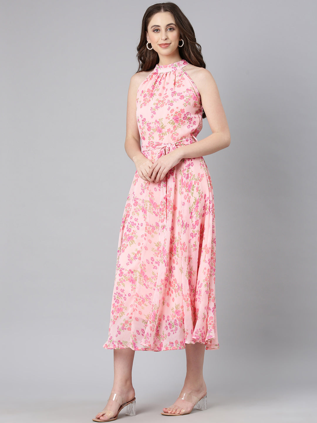 Maxi Dress – Pink Floral Chiffon Fit & Flare | Souchii