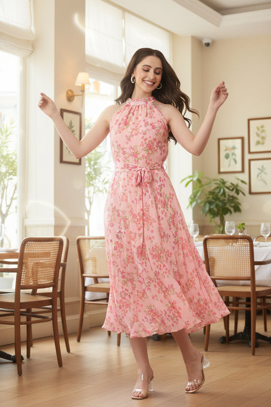 Maxi Dress – Pink Floral Chiffon Fit & Flare | Souchii