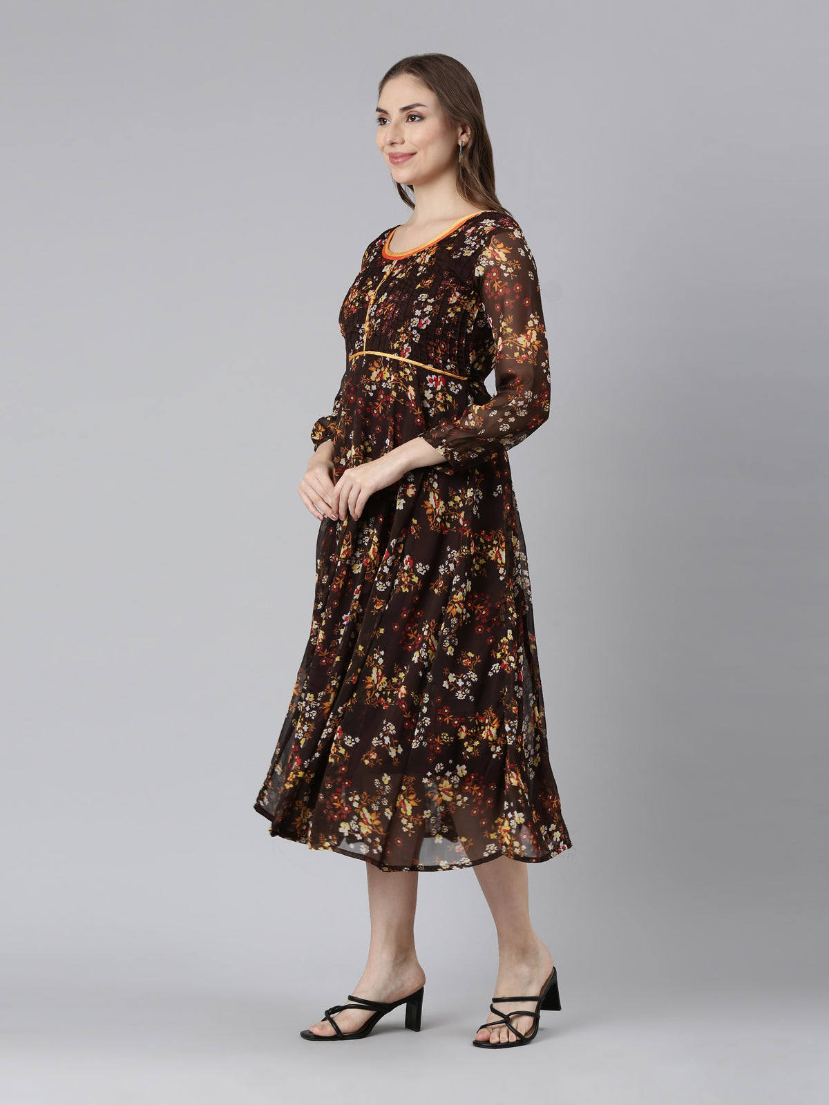 Brown & Yellow Floral Printed Fit and Flare Dress with Belt | Souchii