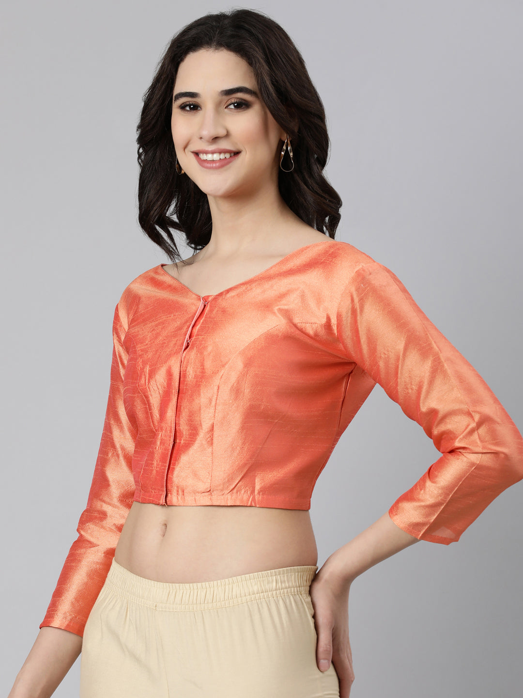 Peach Dupion Silk Knot V-Neck Blouse | Souchii