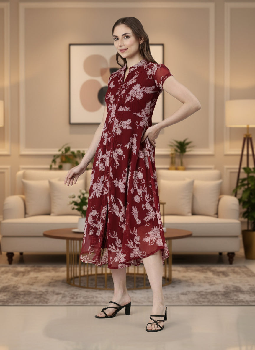 Souchii Elegant maroon floral midi dress with a flowing silhouette